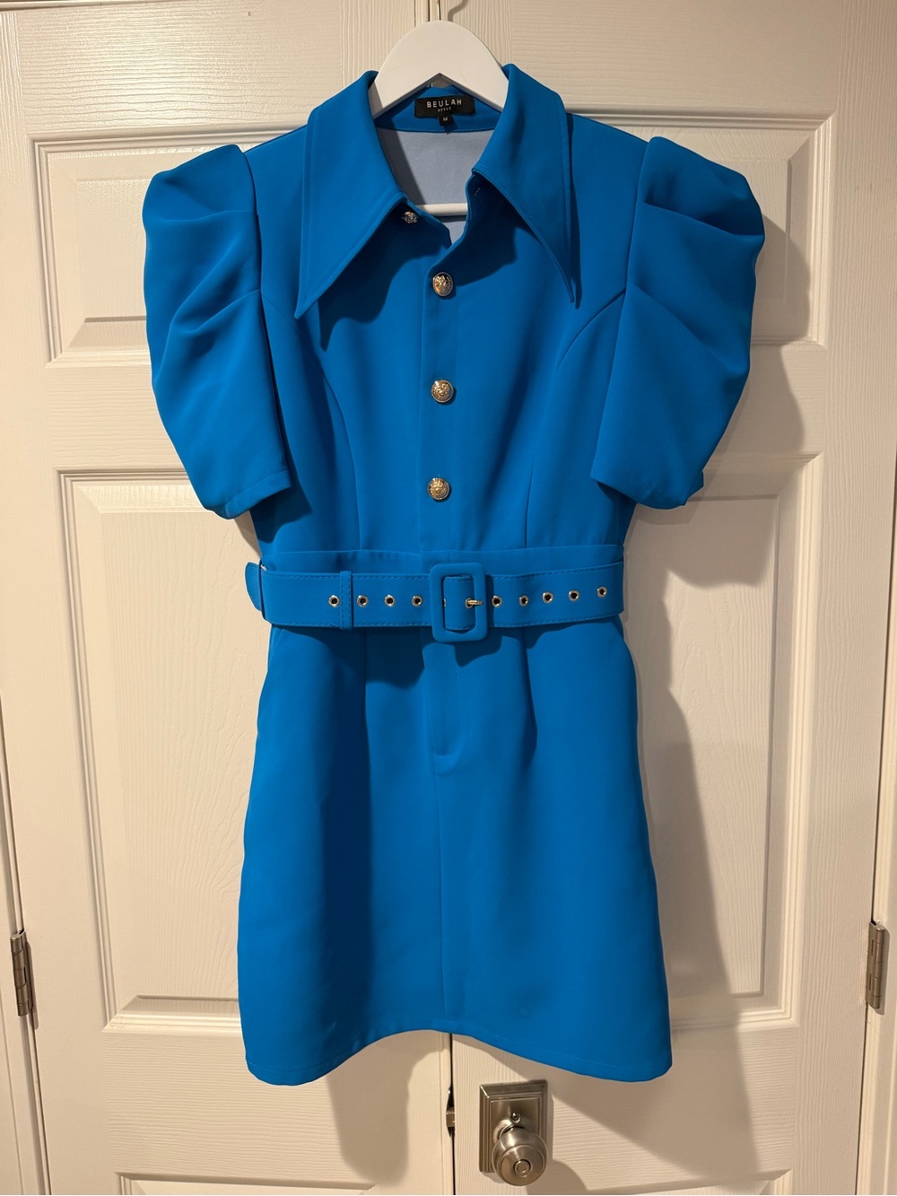 Beulah Bright Blue Puff-Sleeve Belted Mini Dress